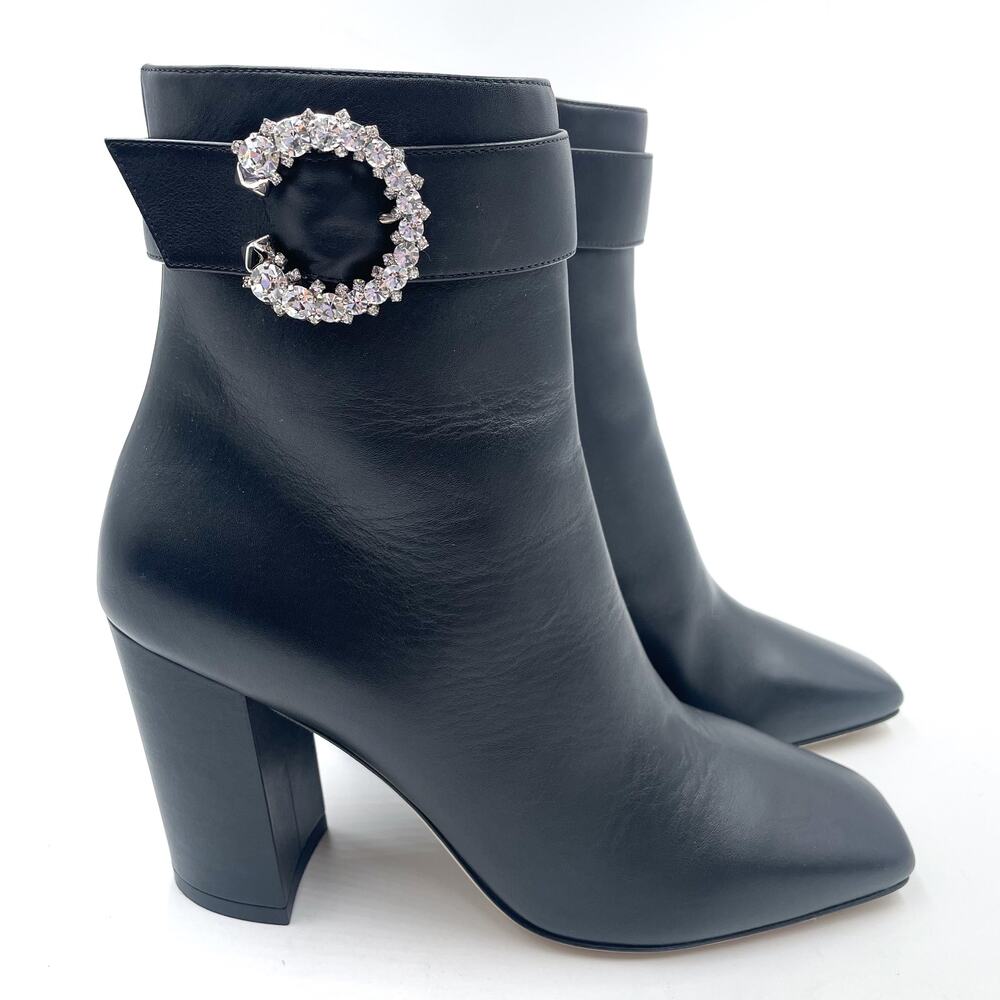 Jimmy Choo Myan Boots Black Leather Crystal Buckle Block‎ Square Toe Sz 39
